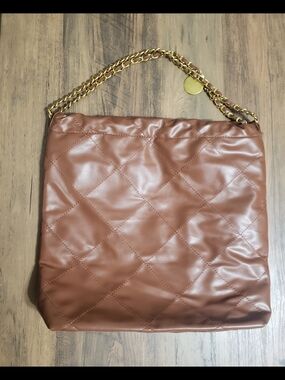 Quilted Brown Shoulder Bag with Gold Chain